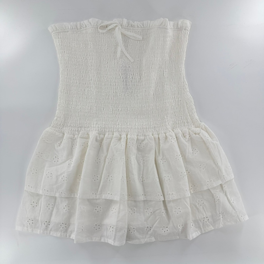No Boundaries Eyelet Smocked Tube Dress Modern Women XL White Tiered Boho Mini